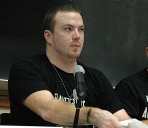 Duane Linton speaks at a Winter Soldier event in Champaign, Ill.